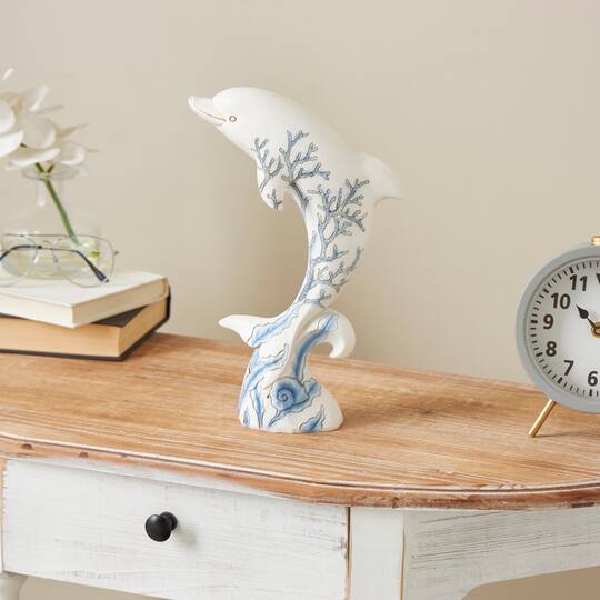 12" White with Blue Coral Pattern Curved Polystone Dolphin Sculpture